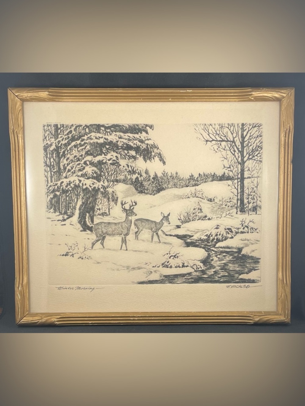 Vintage Deer Etching “Winter Morning” by F. McCaleb